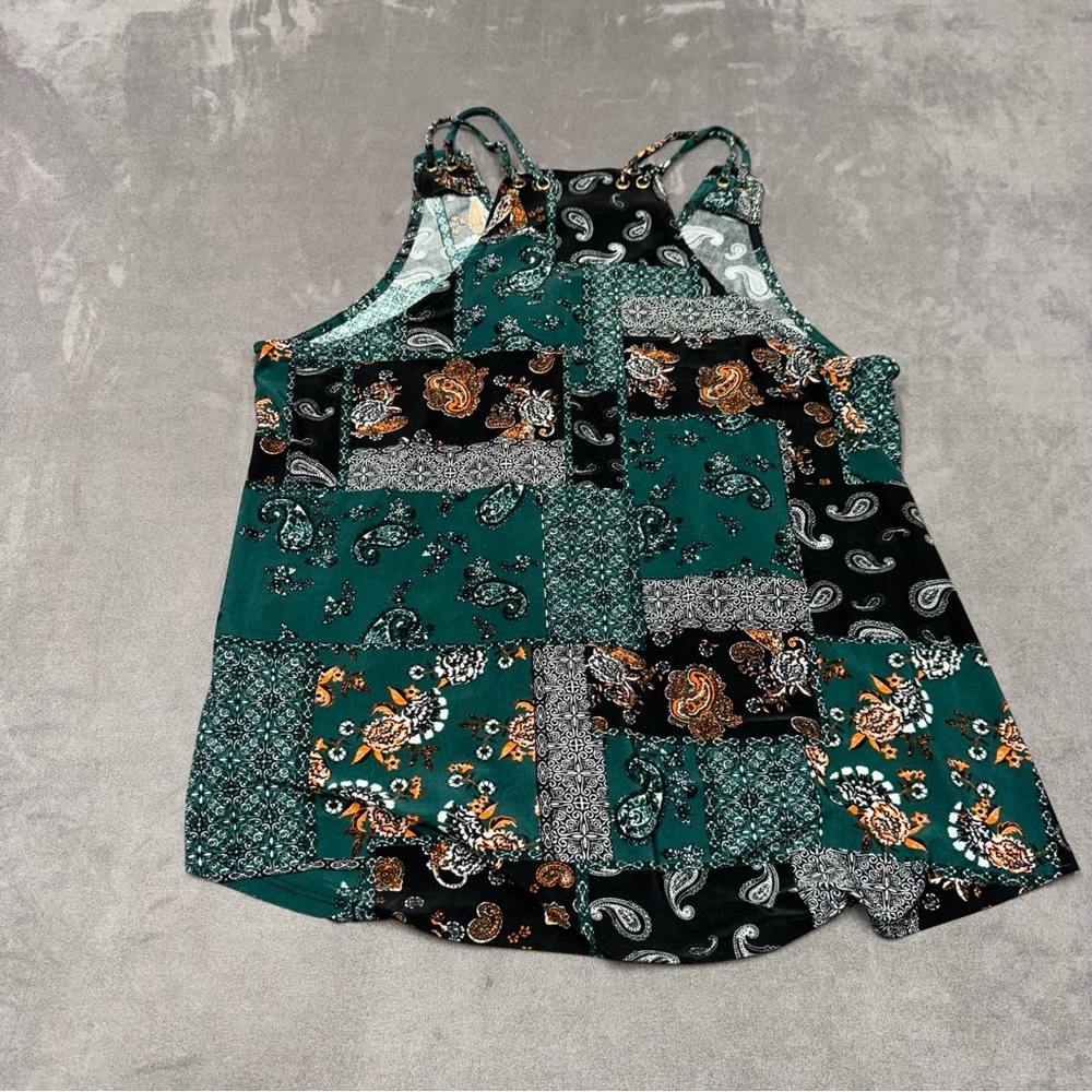 Lavish Green Black Patchwork paisley  print handkerchief hem cami Tank Top XL - Picture 8 of 8